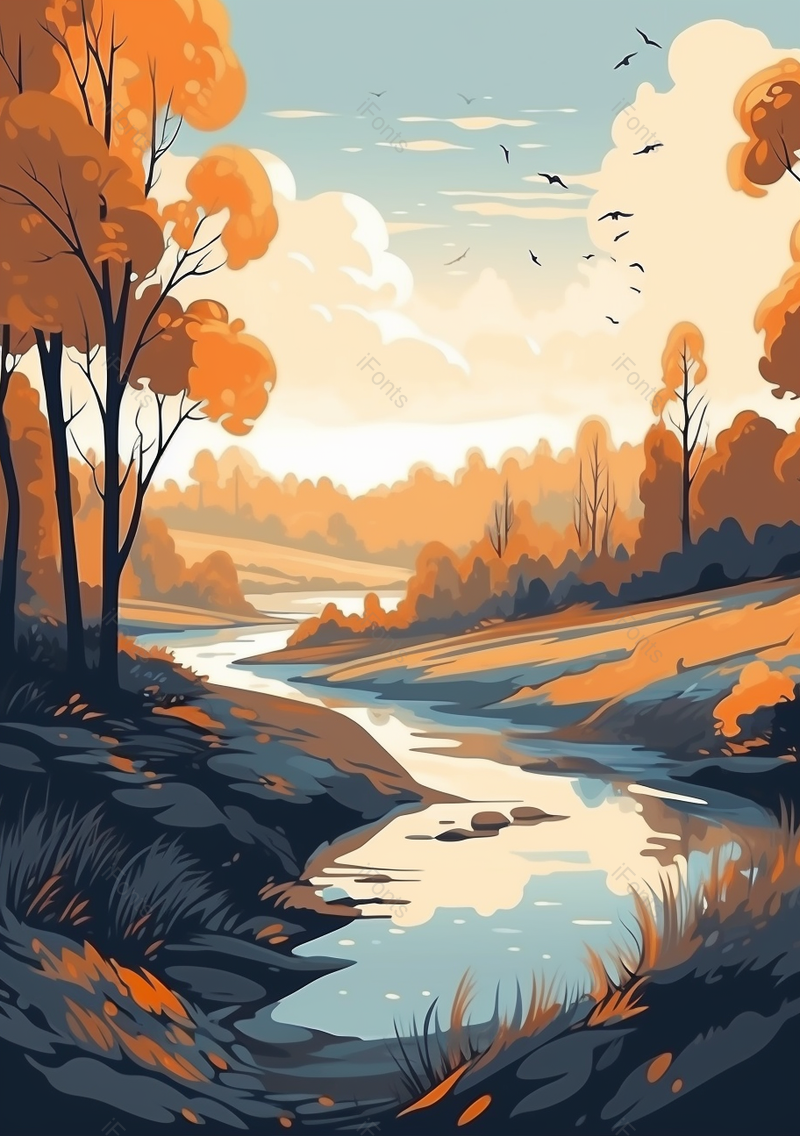 秋天原野山林树木河流自然小清新手绘背景,插画/手绘图,插画/手绘图库,插画/手绘图下载,插画/手绘